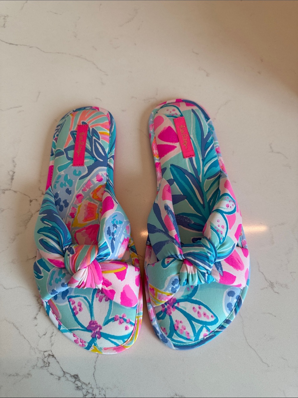 Lilly Pulitzer Tropical Floral Knot Slide Sandals in Aqua, Pink and Blue